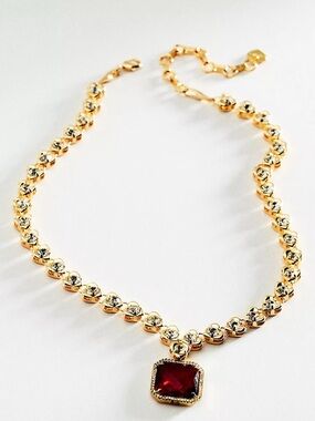 Gold-Tone Pendant Necklace with Red Gem